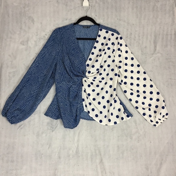 Shein Curve Polkadot Blouse 0XL Polyester Blue Twist Front Long Sleeve Shirt - Picture 12 of 12